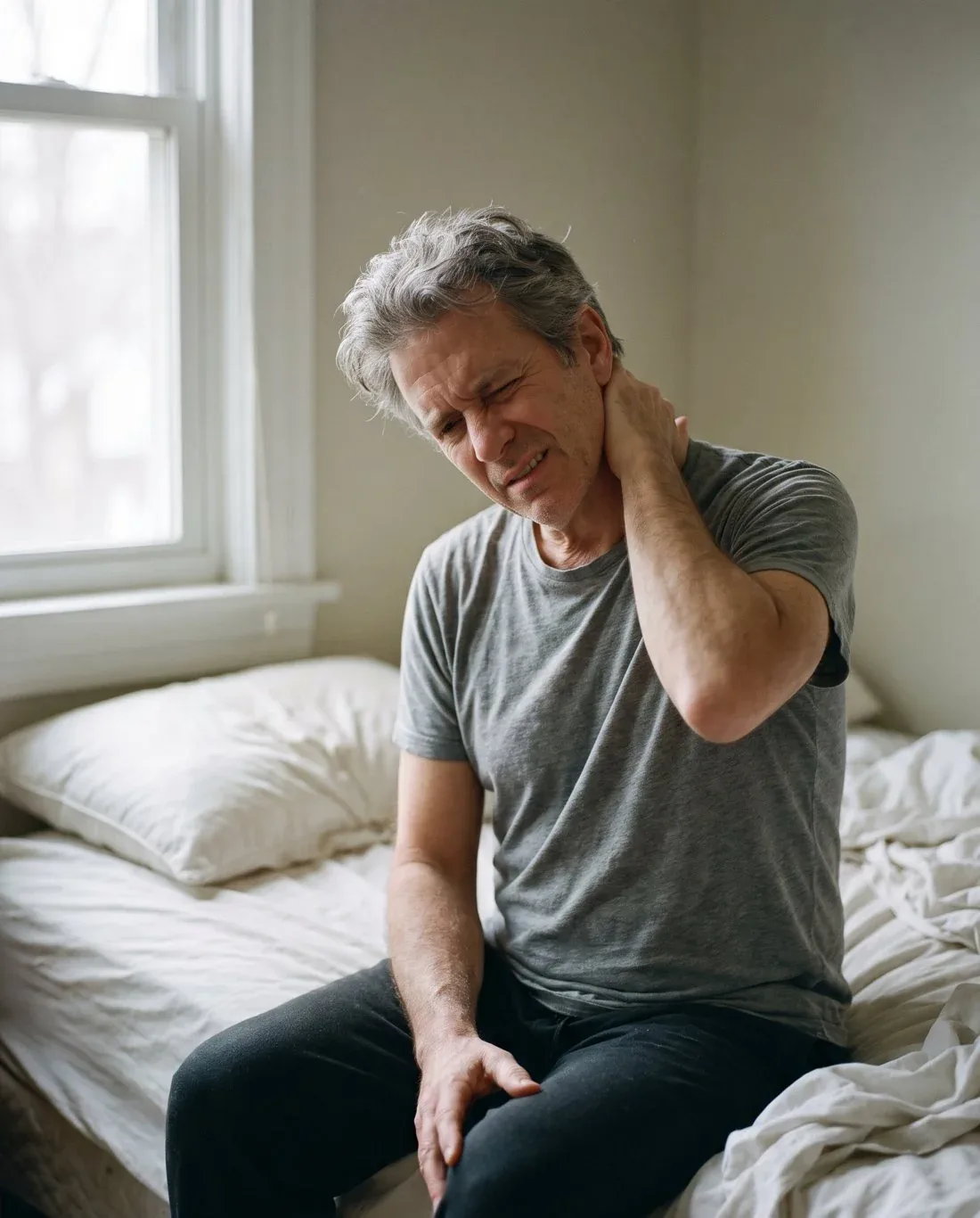 Homme assis au bord du lit qui se tient la nuque au réveil