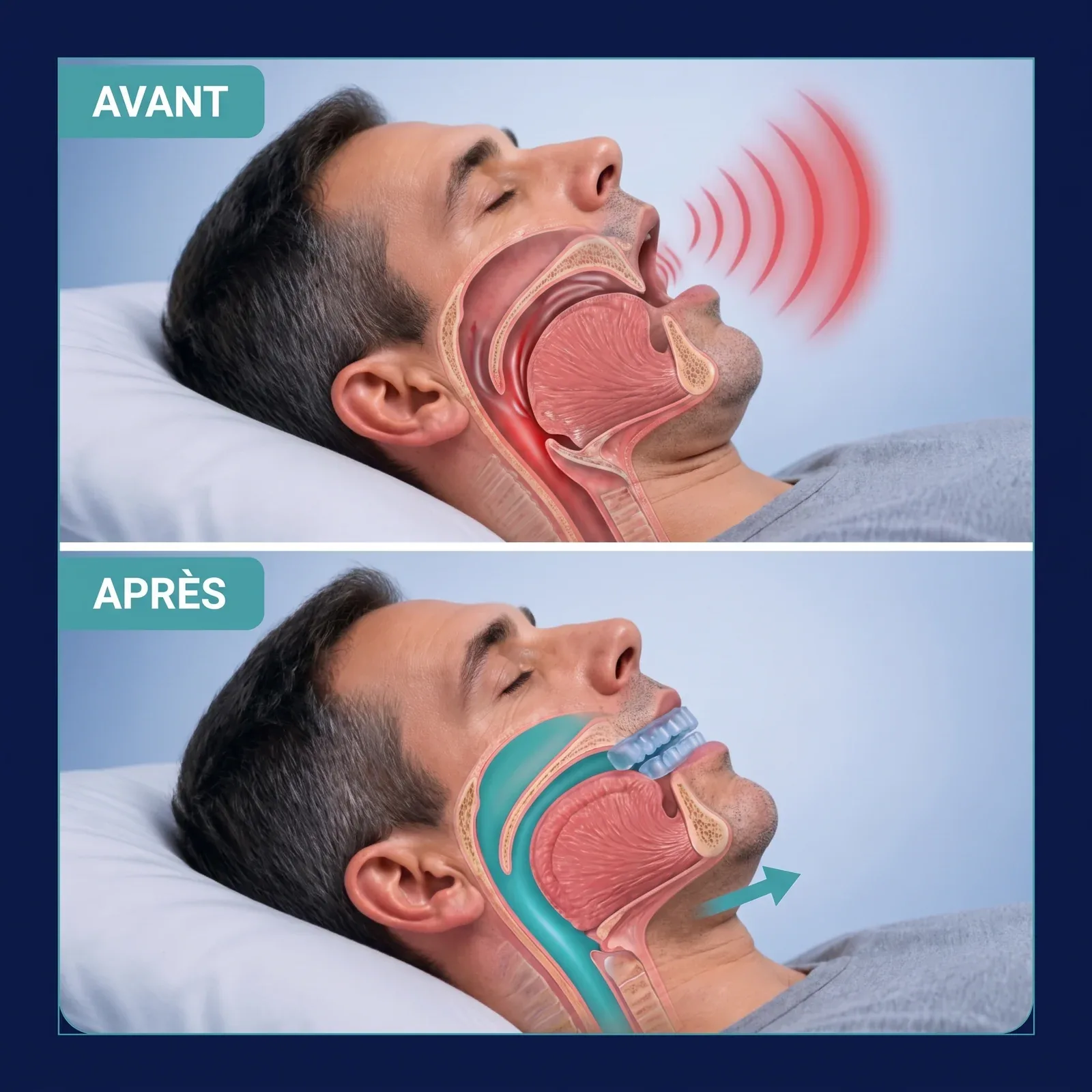 Schéma : Dormex avance la mâchoire inférieure pour ouvrir les voies respiratoires et stopper le ronflement